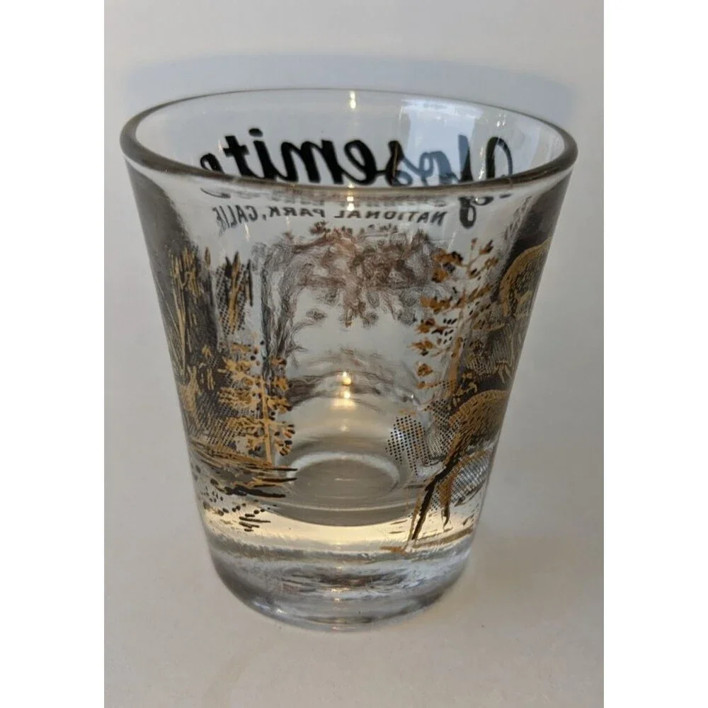 Yosemite National Park California Shot Glass Gold Black Wildlife Scene Souvenir